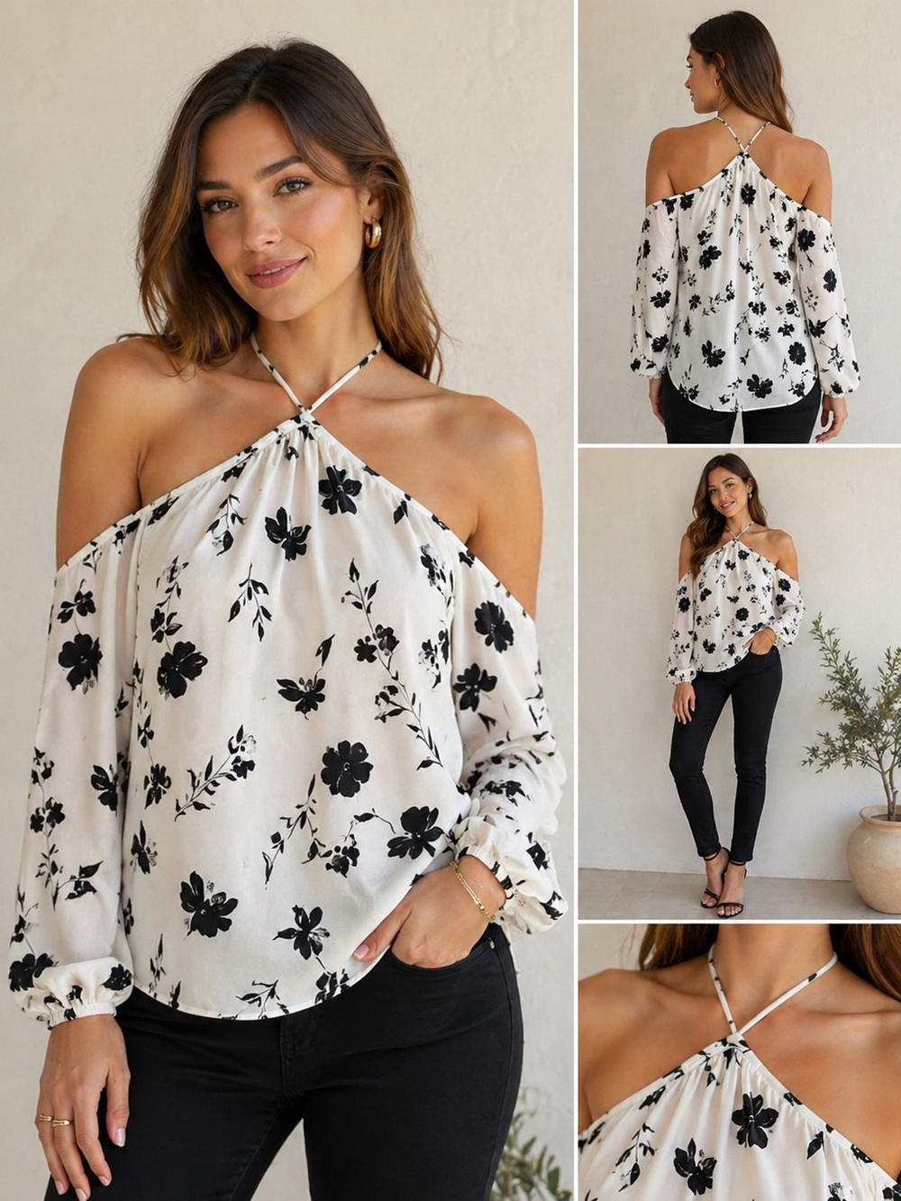 1. State White & Black Floral Halter Blouse Off-Shoulder, Flowy, Elegant Top XS